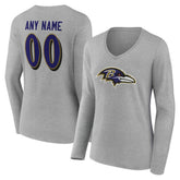Baltimore Ravens Women's Team Authentic Personalized Name & Number Long Sleeve V-Neck T-Shirt Gray