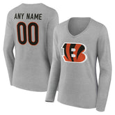 Cincinnati Bengals Women's Team Authentic Personalized Name & Number Long Sleeve V-Neck T-Shirt Gray