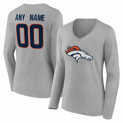 Denver Broncos Women's Team Authentic Personalized Name & Number Long Sleeve V-Neck T-Shirt Gray