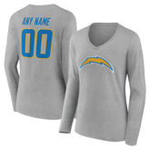 Los Angeles Chargers Women's Team Authentic Personalized Name & Number Long Sleeve V-Neck T-Shirt Gray
