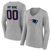New England Patriots Women's Team Authentic Personalized Name & Number Long Sleeve V-Neck T-Shirt Gray