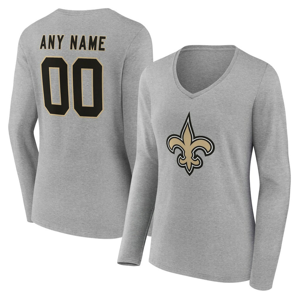 New Orleans Saints Women's Team Authentic Personalized Name & Number Long Sleeve V-Neck T-Shirt Gray