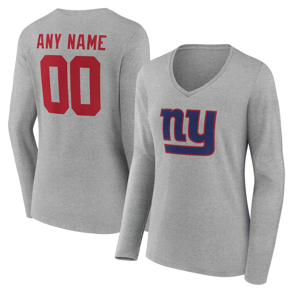 New York Giants Women's Team Authentic Personalized Name & Number Long Sleeve V-Neck T-Shirt Gray