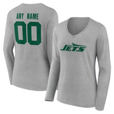 New York Jets Women's Team Authentic Personalized Name & Number Long Sleeve V-Neck T-Shirt Gray