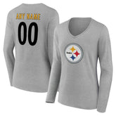 Pittsburgh Steelers Women's Team Authentic Personalized Name & Number Long Sleeve V-Neck T-Shirt Gray
