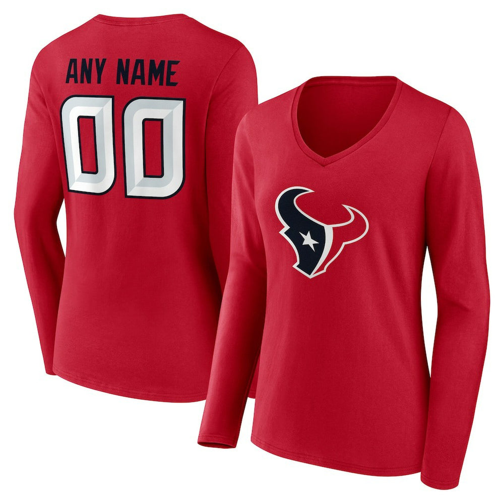 Houston Texans Women's Team Authentic Personalized Name & Number Long Sleeve V-Neck T-Shirt Red