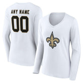 New Orleans Saints Women's Team Authentic Personalized Name & Number Long Sleeve V-Neck T-Shirt White