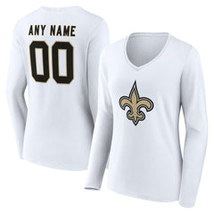 New Orleans Saints Women's Team Authentic Personalized Name & Number Long Sleeve V-Neck T-Shirt White