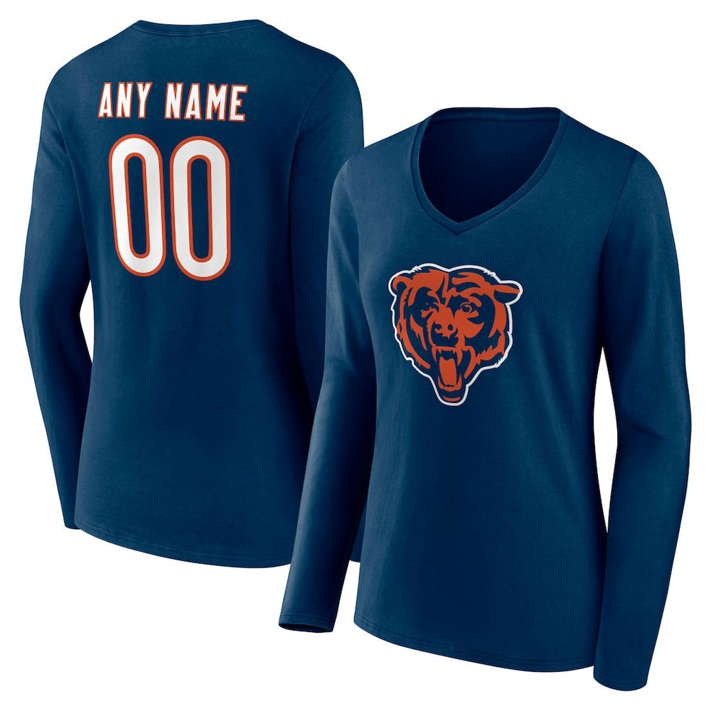 Chicago Bears Women's Team Authentic Personalized Name & Number Long Sleeve V-Neck T-Shirt Navy