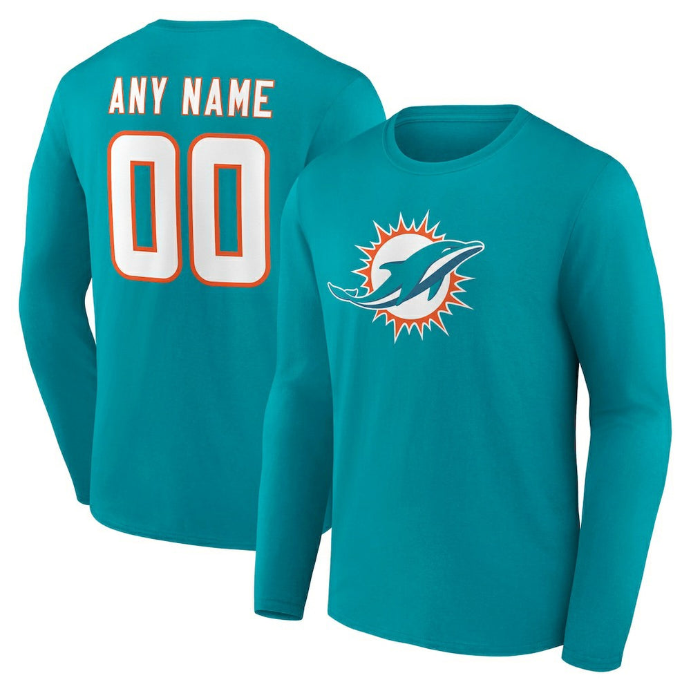 Miami Dolphins Team Authentic Personalized Name & Number Long Sleeve T-Shirt Aqua