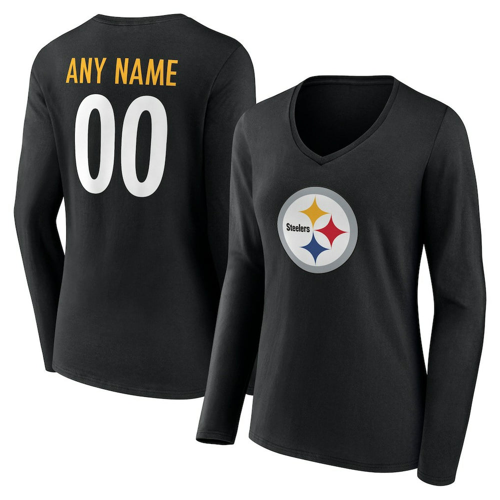 Pittsburgh Steelers Women's Team Authentic Personalized Name & Number Long Sleeve V-Neck T-Shirt Black