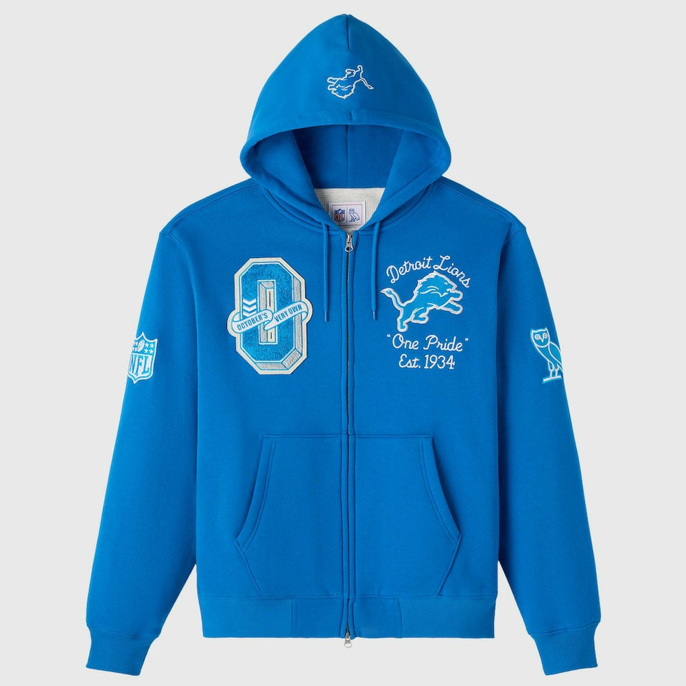 Detroit Lions OVO x NFL Unisex Full-Zip Waffle-Lined Hoodie Blue