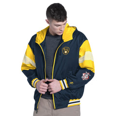 Milwaukee Brewers Pro Player Legacy Lightweight Full-Zip Hooded Jacket - Navy/Gold - MLB Sale