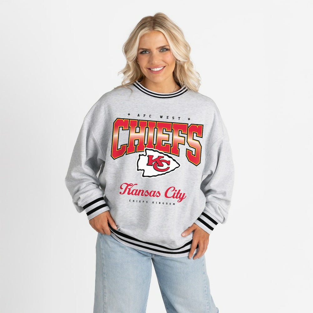 Kansas City Chiefs Gameday Couture Women's Oversized Gridiron Drive Ringer Stripe Sweatshirt Ash/Black