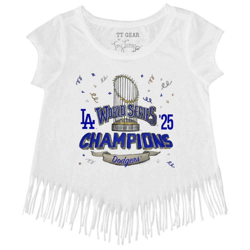 Los Angeles Dodgers Tiny Turnip Girls Youth 2025 World Series Champions Parade Fringe T-Shirt - White - MLB Discount
