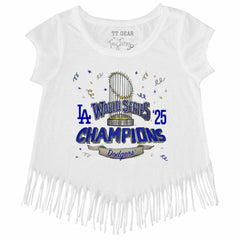 Los Angeles Dodgers Tiny Turnip Girls Youth 2025 World Series Champions Parade Fringe T-Shirt - White - MLB Discount