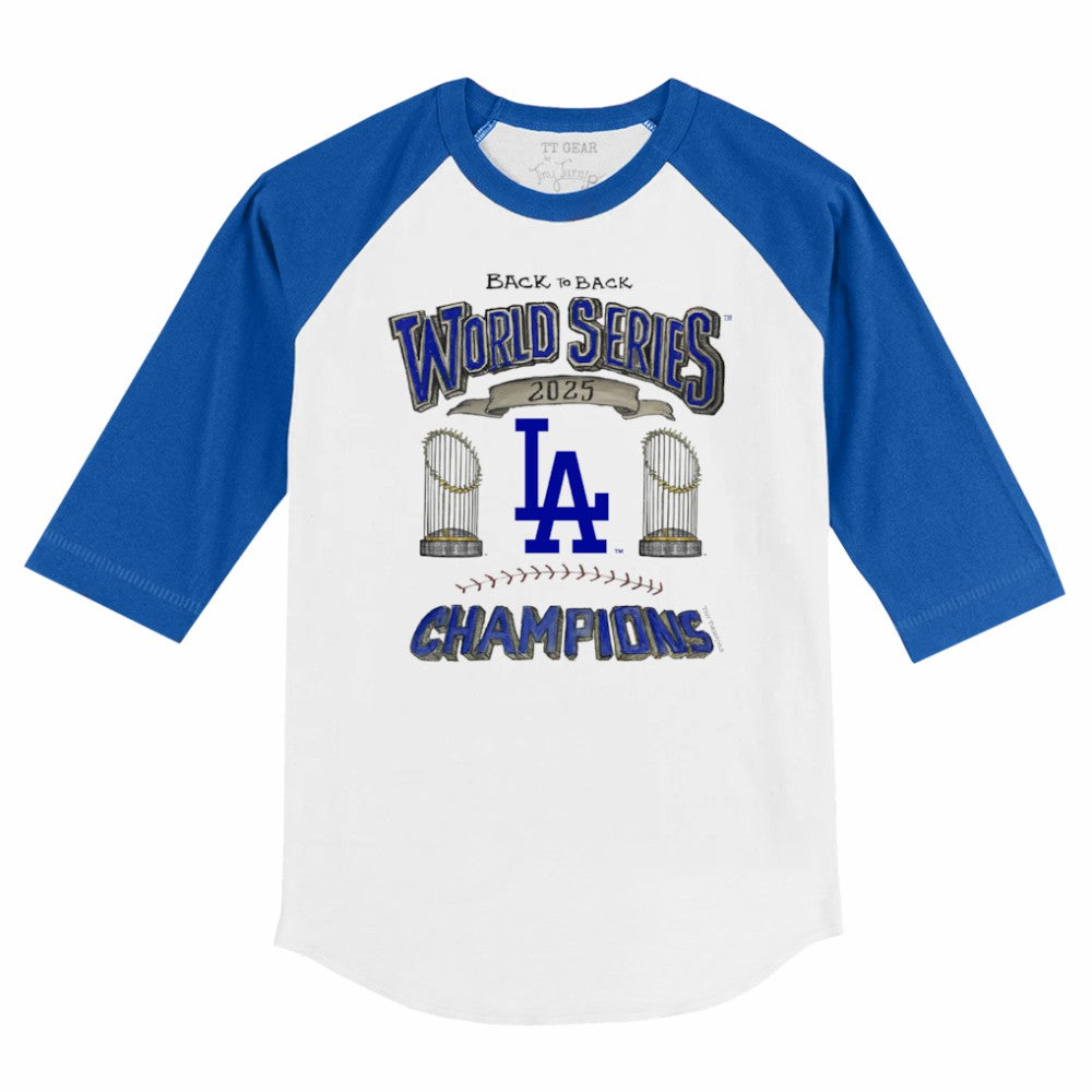 Los Angeles Dodgers Tiny Turnip Youth 2025 World Series Champions 3/4-Sleeve Raglan Baseball T-Shirt - White/Royal - MLB Discount