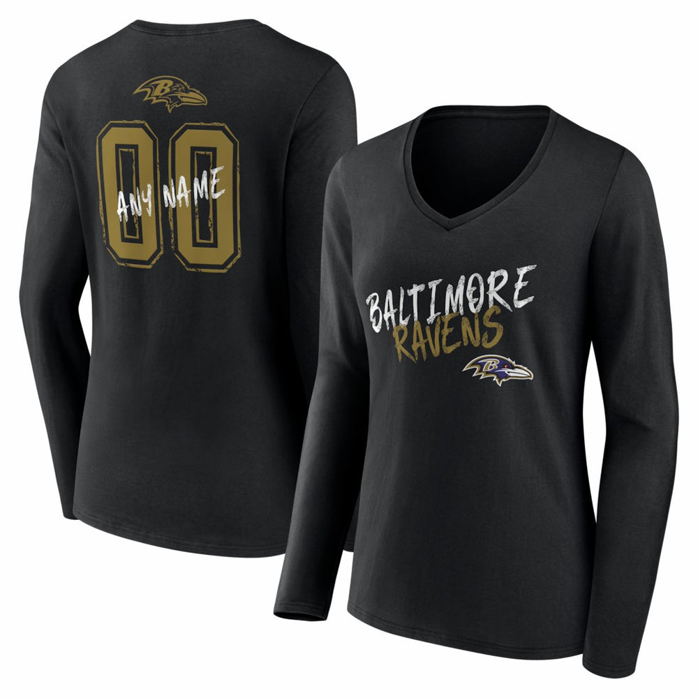 Baltimore Ravens Women's Hustle Personalized Name & Number Long Sleeve V-Neck T-Shirt Black