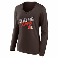 Cleveland Browns Women's Hustle Personalized Name & Number Long Sleeve V-Neck T-Shirt Brown