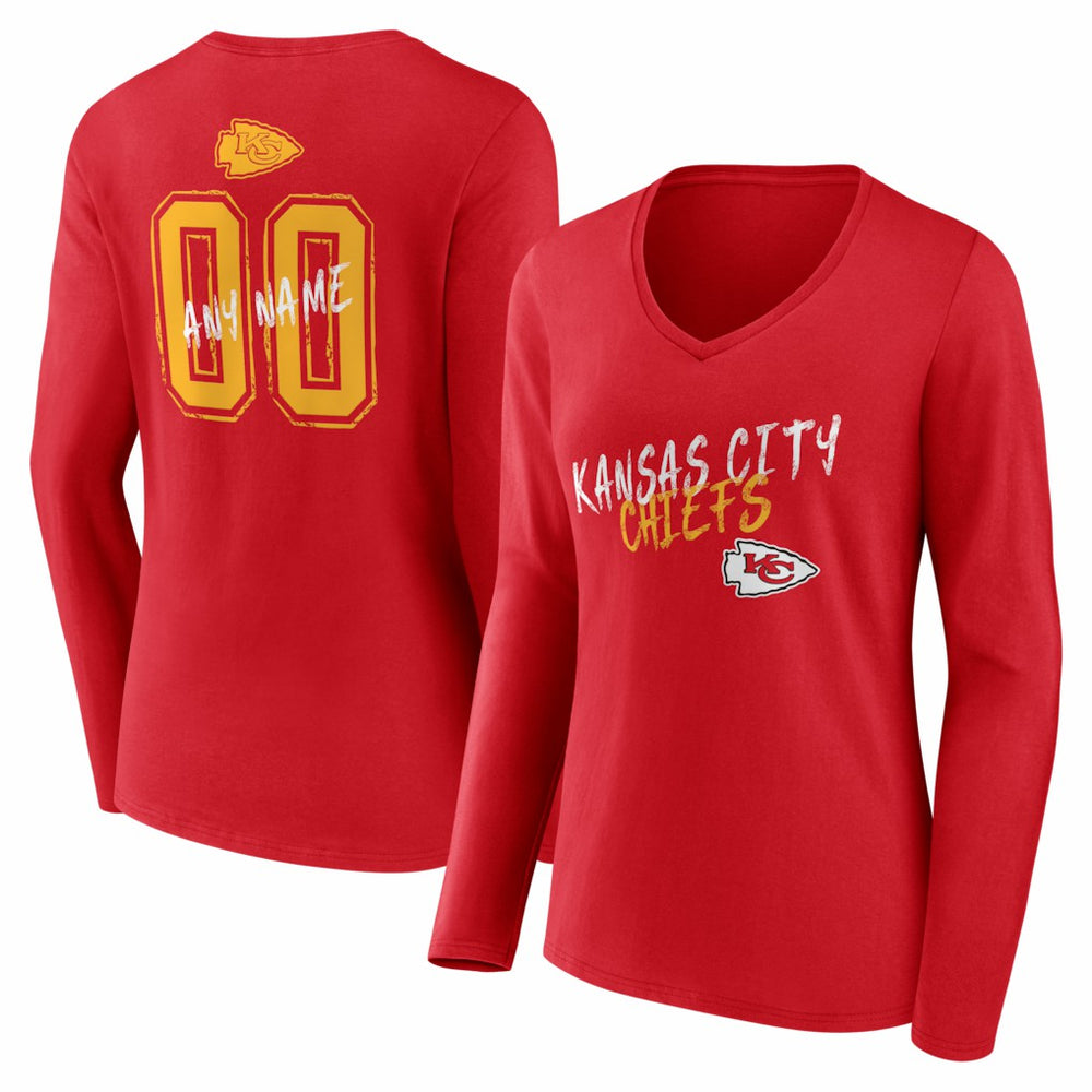 Kansas City Chiefs Women's Hustle Personalized Name & Number Long Sleeve V-Neck T-Shirt Red