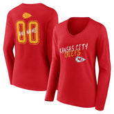 Kansas City Chiefs Women's Hustle Personalized Name & Number Long Sleeve V-Neck T-Shirt Red