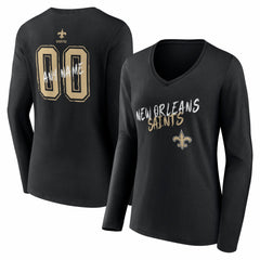 New Orleans Saints Women's Hustle Personalized Name & Number Long Sleeve V-Neck T-Shirt Black
