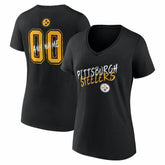 Pittsburgh Steelers Women's Hustle Personalized Name & Number V-Neck T-Shirt Black