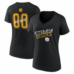 Pittsburgh Steelers Women's Hustle Personalized Name & Number V-Neck T-Shirt Black