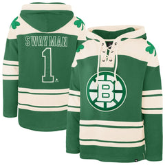 Jeremy Swayman Boston Bruins '47 St. Patrick's Day Player Name & Number Lacer Pullover Hoodie - Kelly Green - NHL 203730593