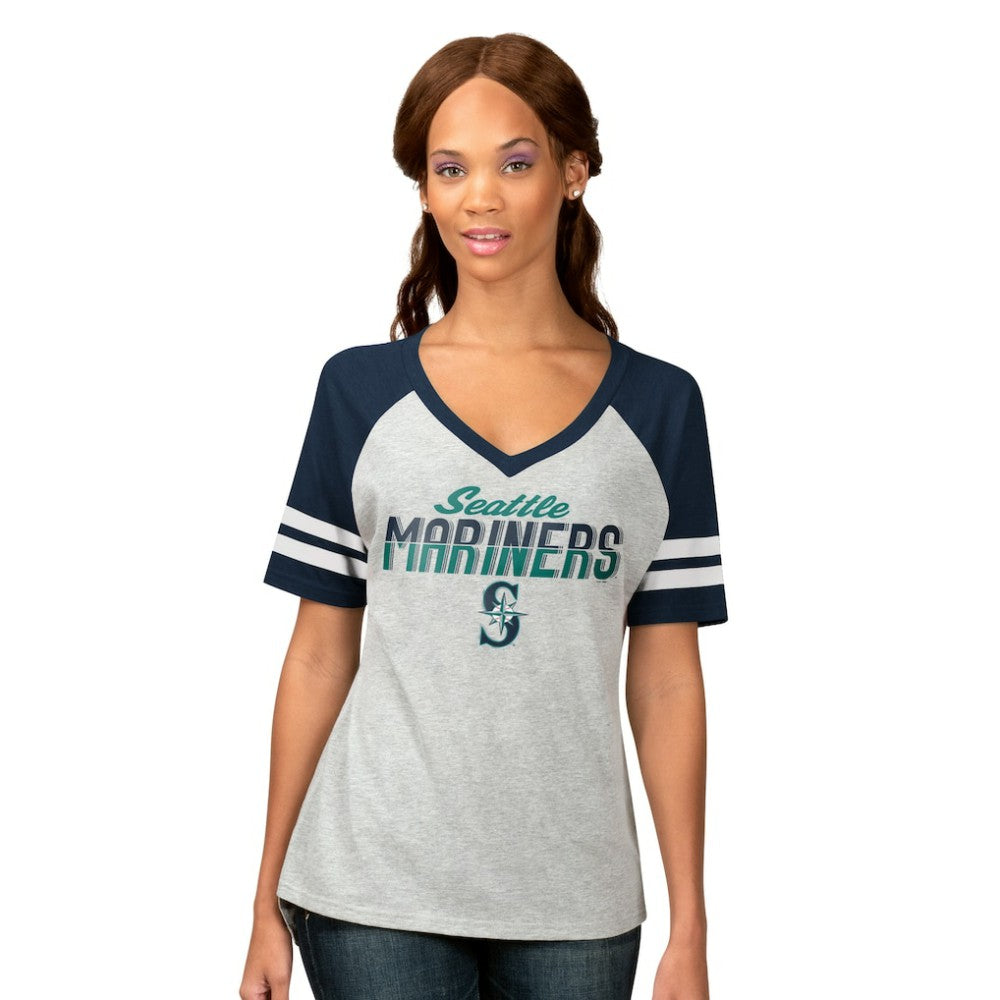 Seattle Mariners G-III 4Her by Carl Banks Women's Goal Line Raglan V-Neck T-Shirt - Heather Gray - MLB on Sale