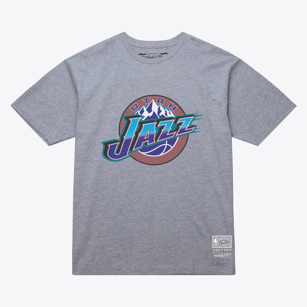 Utah Jazz Unisex Hardwood Classics Arch T-Shirt Heather Gray | Mitchell & Ness for sale