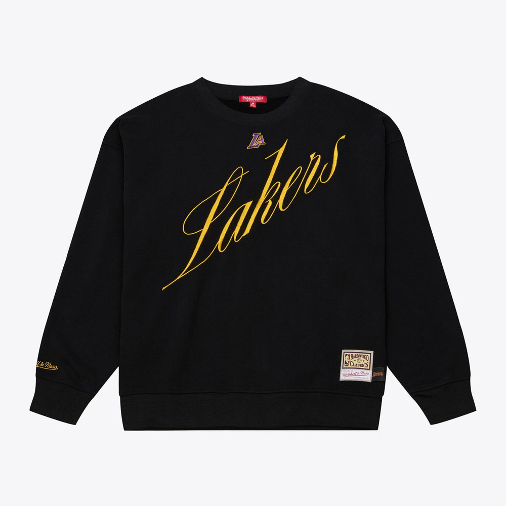 Los Angeles Lakers Women's Hardwood Classics Script Lightweight Sweatshirt Black | Mitchell & Ness US