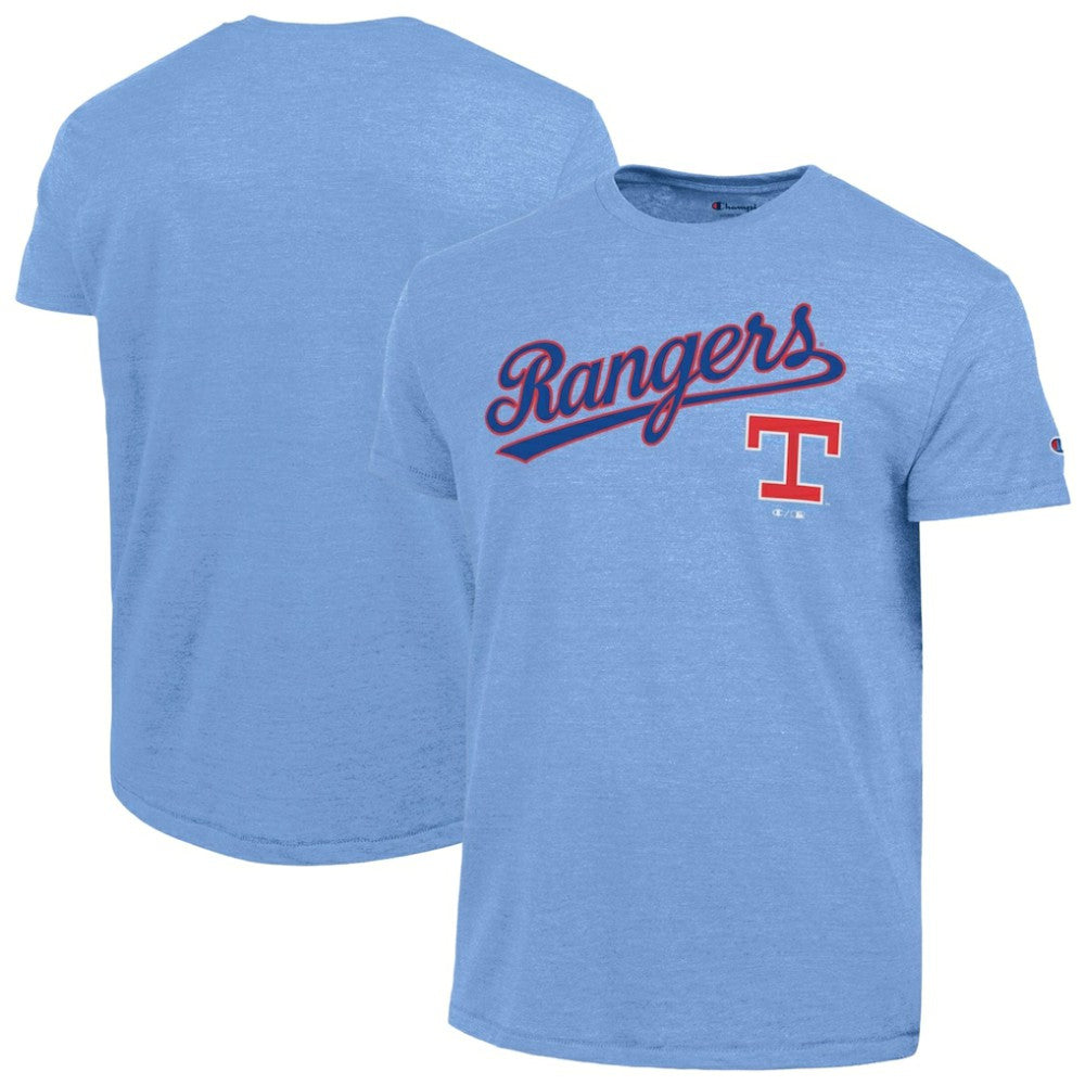 Texas Rangers Champion Cooperstown Wordmark Lockup Tri-Blend T-Shirt - Light Blue - MLB on Sale