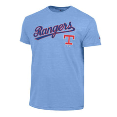 Texas Rangers Champion Cooperstown Wordmark Lockup Tri-Blend T-Shirt - Light Blue - MLB on Sale
