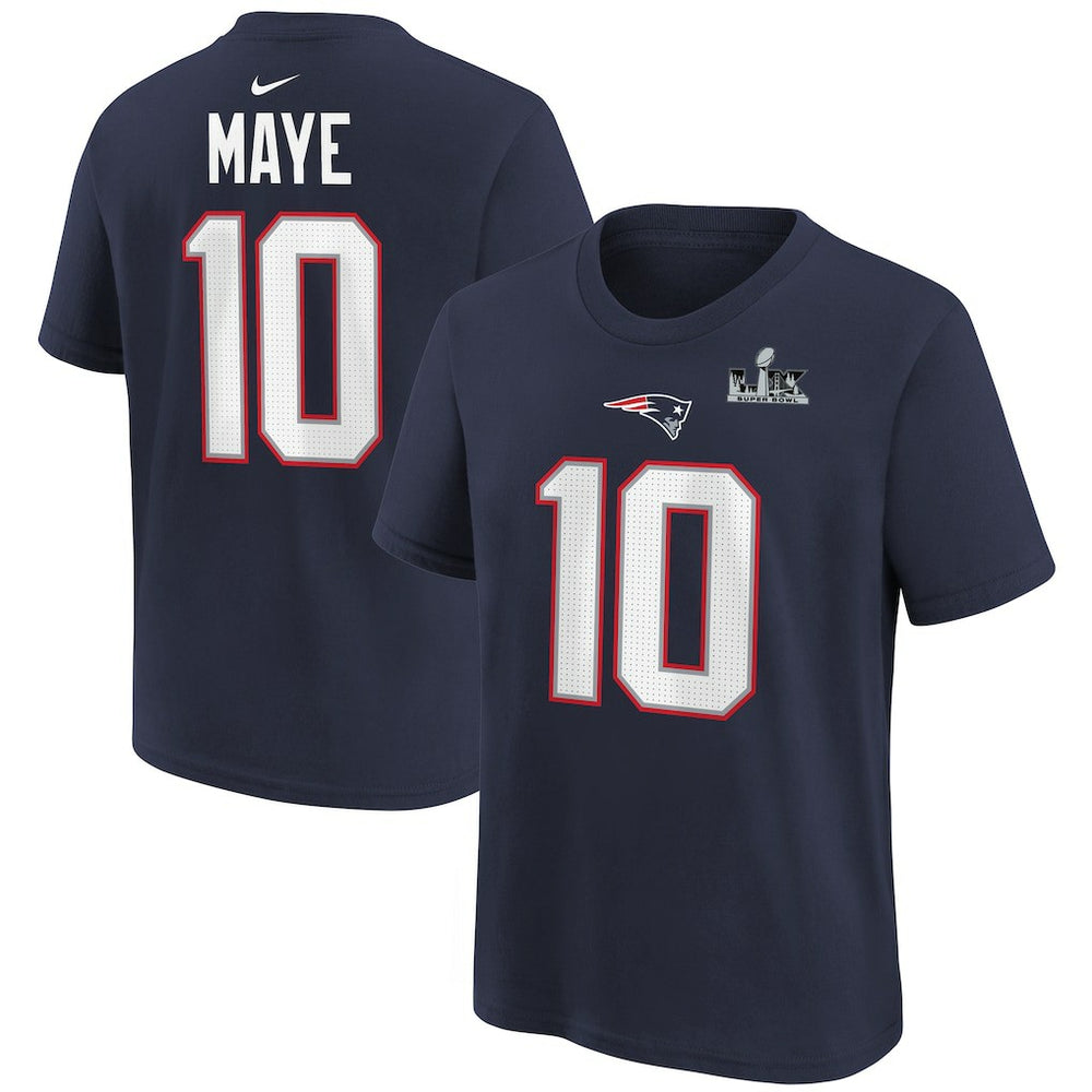 Nike Drake Maye New England Patriots Youth Super Bowl LX Patch Name & Number T-Shirt Navy