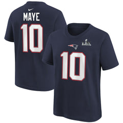 Nike Drake Maye New England Patriots Youth Super Bowl LX Patch Name & Number T-Shirt Navy