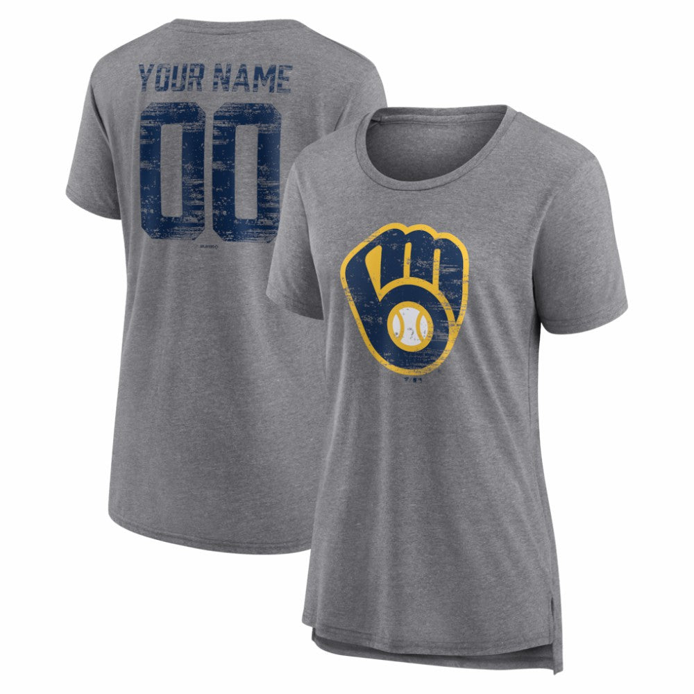 Milwaukee Brewers Women's Heritage Personalized Any Name & Number Tri-Blend T-Shirt - Gray - MLB Sale