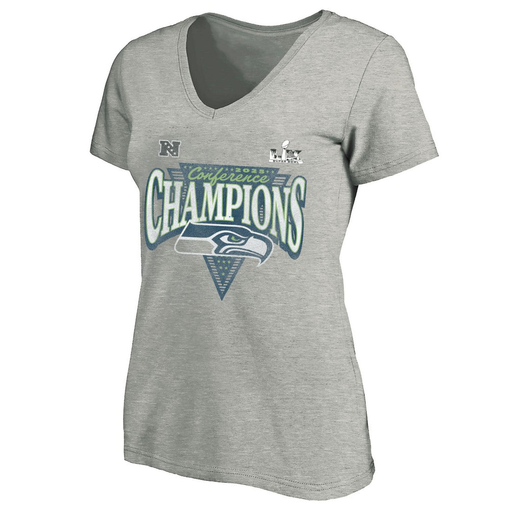Fanatics Seattle Seahawks Women's 2025 NFC Champions Plus Size Hail Mary Tri-Blend V-Neck T-Shirt Heather Gray