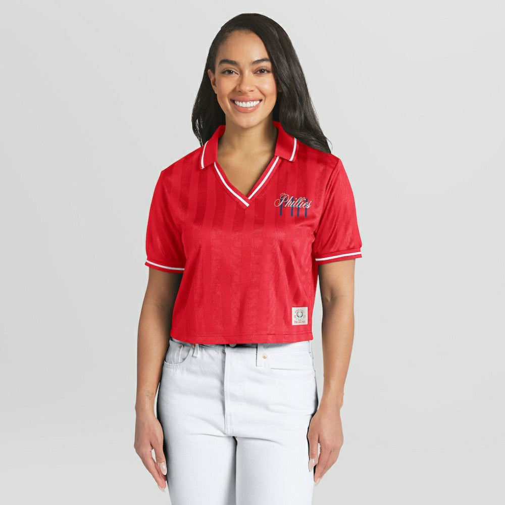 Philadelphia Phillies WEAR by Erin Andrews Women's Cropped Polo - Red - MLB Discount