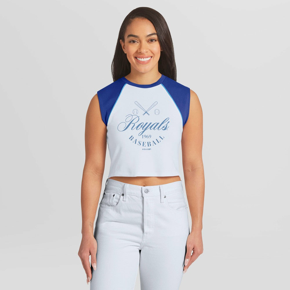 Kansas City Royals WEAR by Erin Andrews Women's Cooperstown Cropped Raglan Tank Top - White - MLB Discount