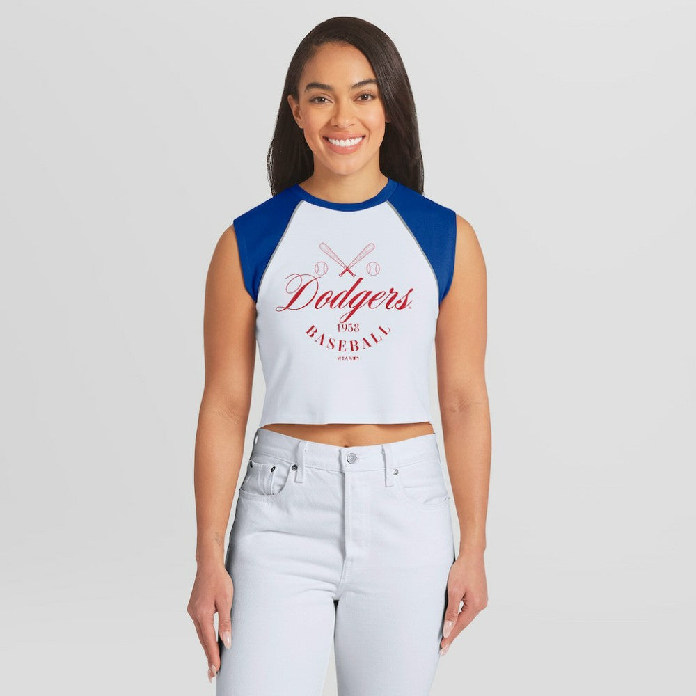 Los Angeles Dodgers WEAR by Erin Andrews Women's Cooperstown Cropped Raglan Tank Top - White - MLB Sale