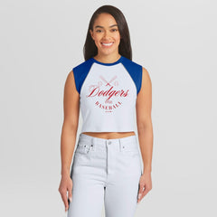Los Angeles Dodgers WEAR by Erin Andrews Women's Cooperstown Cropped Raglan Tank Top - White - MLB Sale