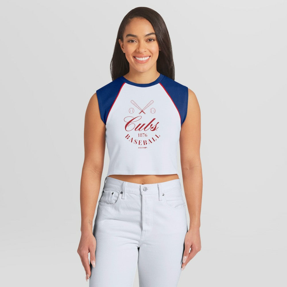 Chicago Cubs WEAR by Erin Andrews Women's Cooperstown Cropped Raglan Tank Top - White - MLB Lifestyle