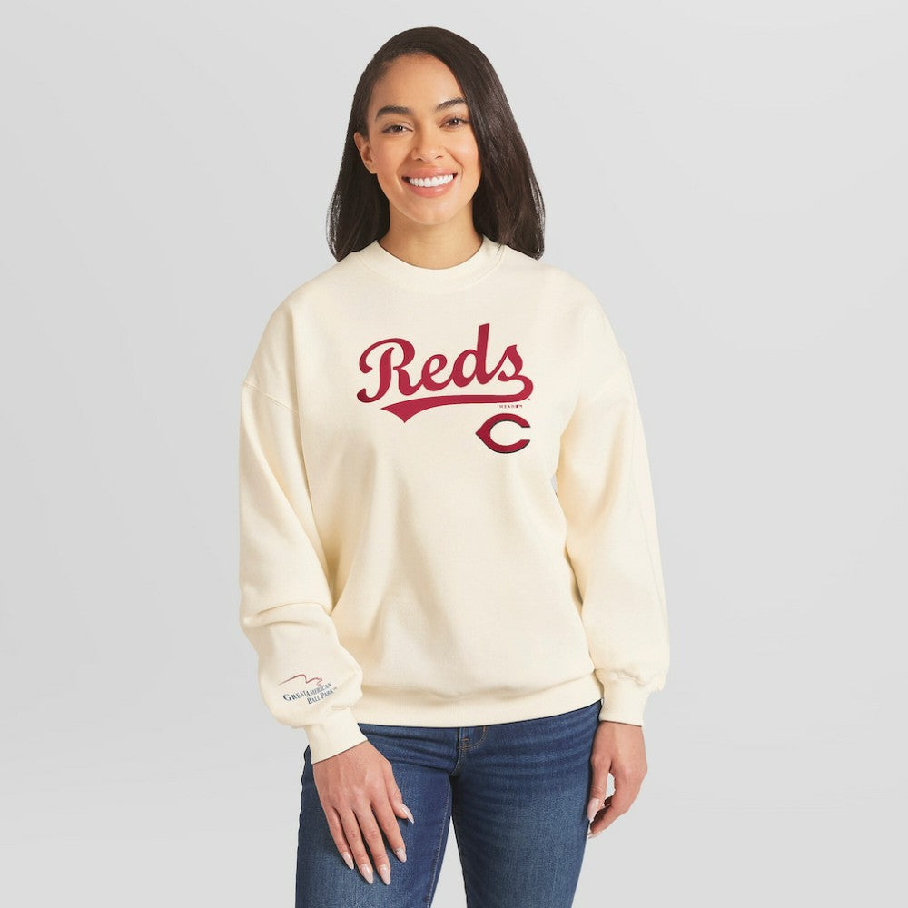 Cincinnati Reds WEAR by Erin Andrews Women's Heavyweight Crew Neck Sweatshirt - Cream - MLB Lifestyle