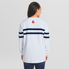 Boston Red Sox WEAR by Erin Andrews Women's Oversized Long Sleeve Striped T-Shirt - White - MLB on Sale