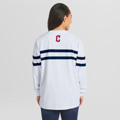 Cleveland Guardians WEAR by Erin Andrews Women's Oversized Long Sleeve Striped T-Shirt - White - MLB Lifestyle