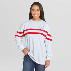 Cincinnati Reds WEAR by Erin Andrews Women's Oversized Long Sleeve Striped T-Shirt - White - MLB Discount