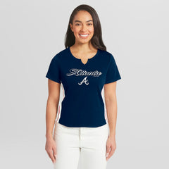 Atlanta Braves WEAR by Erin Andrews Women's Notch Neck Cropped T-Shirt - Navy - MLB Lifestyle