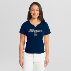 Boston Red Sox WEAR by Erin Andrews Women's Notch Neck Cropped T-Shirt - Navy - MLB on Sale