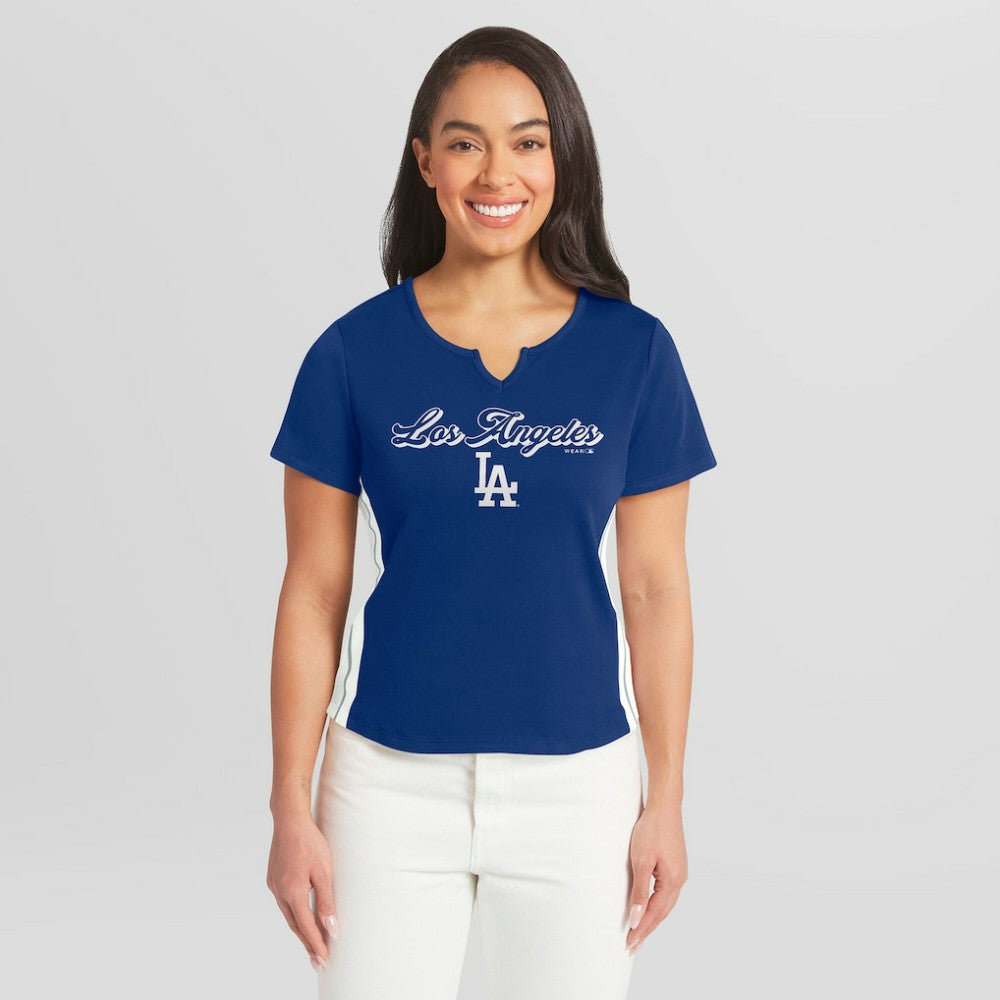 Los Angeles Dodgers WEAR by Erin Andrews Women's Notch Neck Cropped T-Shirt - Royal - MLB Discount